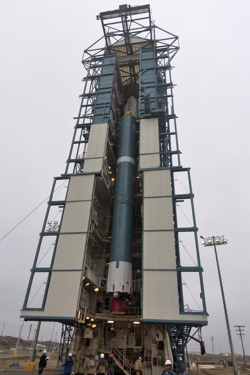 The United Launch Alliance Delta II first stage is lifted up in the mobile service tower at Space Launch Complex 2 on June 8, 2018, at Vandenberg Air Force Base in California. NASA's Ice, Cloud and land Elevation Satellite-2 (ICESat-2) will launch on the final Delta II rocket. ICESat-2 will measure the height of a changing Earth, one laser pulse at a time, 10,000 laser pulses a second. The satellite will carry a single instrument, the Advanced Topographic Laser Altimeter System. ICESat-2 will help scientists investigate why, and how much our planet's frozen and icy areas, called the cryosphere, is changing in a warming climate.