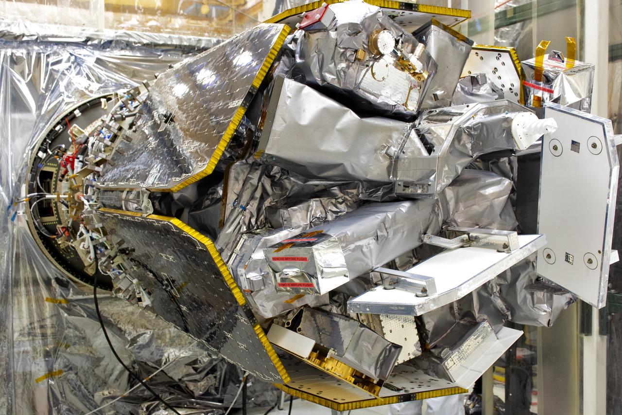 A stereographic view of NASA's Ionospheric Connection Explorer (ICON) in a clean room at Vandenberg Air Force Base in California, on Aug. 16, 2018. ICON will launch on a Northrop Grumman Pegasus XL vehicle, attached beneath the company's L-1011 Stargazer aircraft, from the Skid Strip at Cape Canaveral Air Force Station in Florida. Launch is scheduled for Oct. 26. ICON will study the frontier of space - the dynamic zone high in Earth's atmosphere where terrestrial weather from below meets space weather above. The explorer will help determine the physics of Earth's space environment and pave the way for mitigating its effects on our technology, communications systems and society.