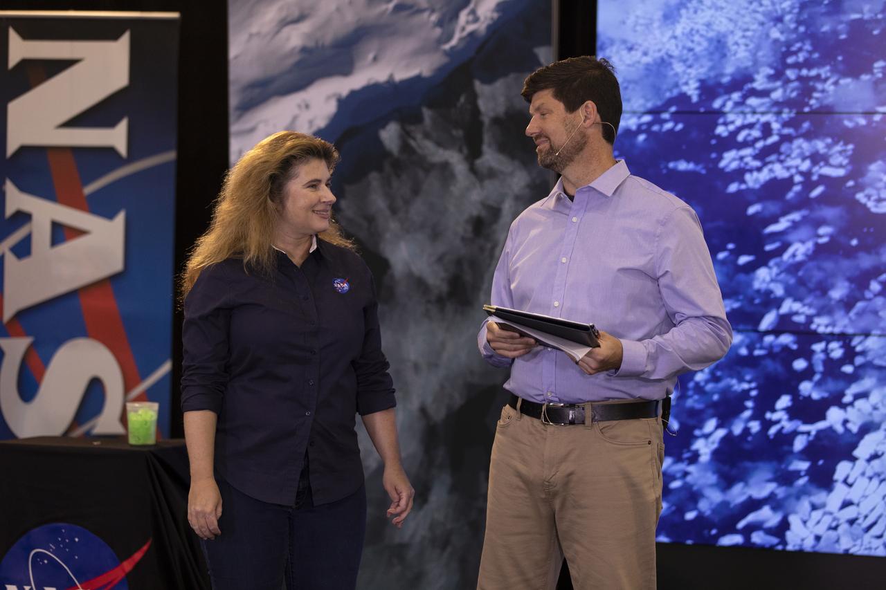Michelle Thaller, NASA Communications (left), and Tom Wagner, ICESat-2 program scientist, NASA Headquarters (right) speaks to members of the news media and social media participants during a prelaunch mission briefing for NASA's Ice, Cloud and land Elevation Satellite-2 (ICESat-2), a mission to measure the changing height of Earth's ice, on Sept. 13, 2018 at Vandenberg Air Force Base (VAFB) in California. ICESat-2 will launch aboard a United Launch Alliance Delta II, the rocket’s final mission, from Space Launch Complex 2 at VAFB. Launch is scheduled for 8:46 a.m. EDT (5:46 a.m. PDT). 