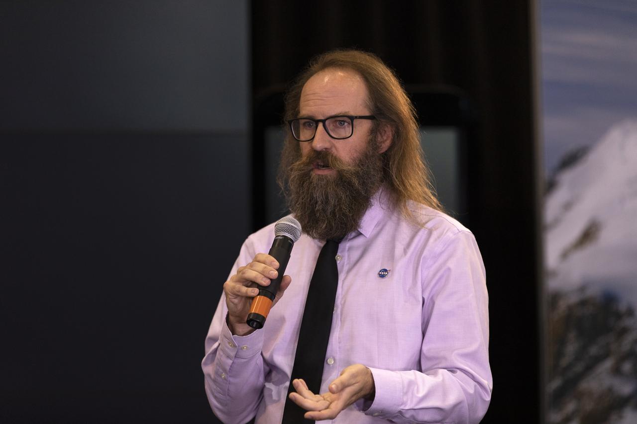 Tom Neumann, ICESat-2 deputy project scientist, NASA's Goddard Space Flight Center, speaks to members of the news media and social media participants during a prelaunch mission briefing for NASA's Ice, Cloud and land Elevation Satellite-2 (ICESat-2), a mission to measure the changing height of Earth's ice, on Sept. 13, 2018 at Vandenberg Air Force Base (VAFB) in California. ICESat-2 will launch aboard a United Launch Alliance Delta II, the rocket’s final mission, from Space Launch Complex 2 at VAFB. Launch is scheduled for 8:46 a.m. EDT (5:46 a.m. PDT). 