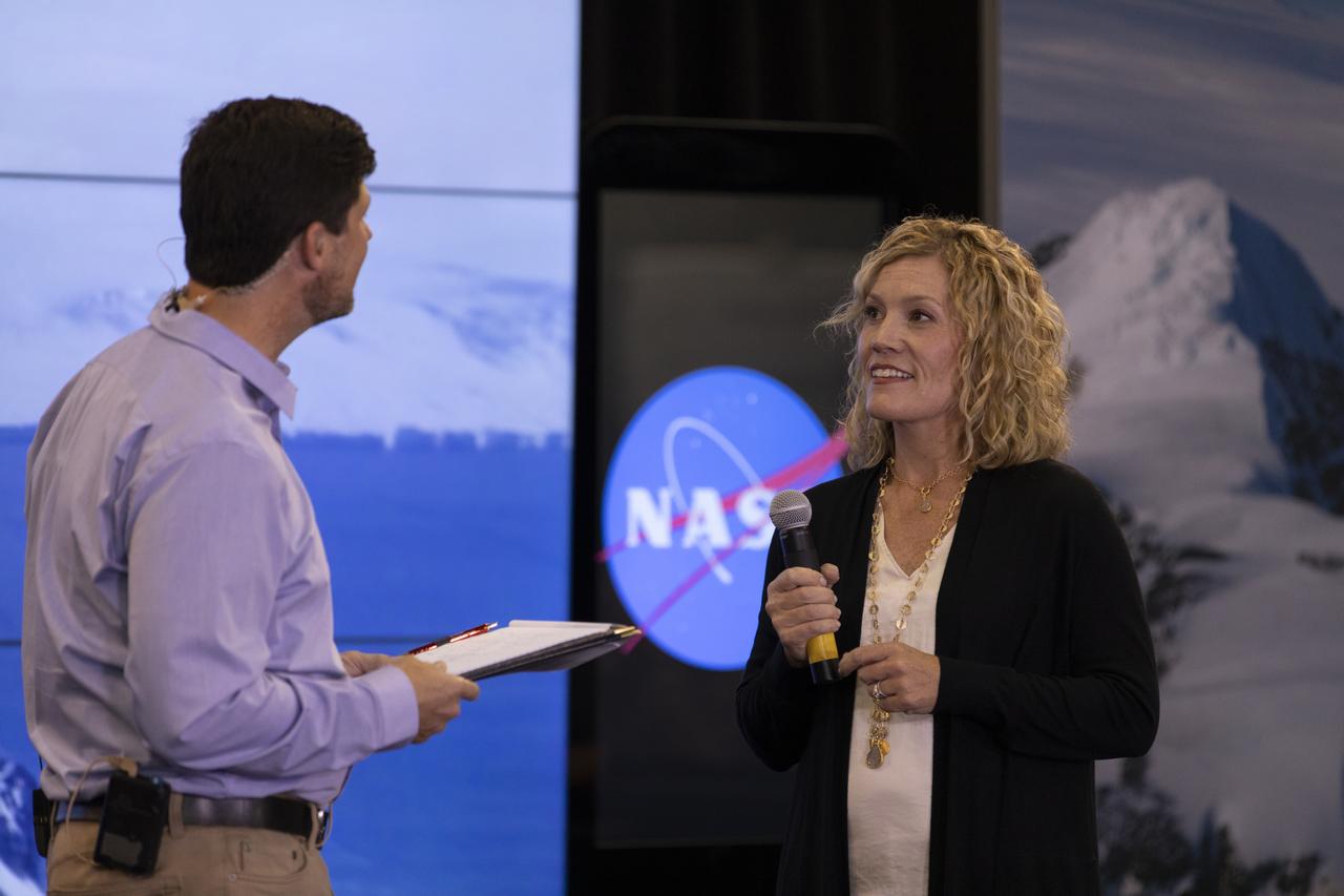 Lori Magruder, University of Texas at Austin, ICESat-2 science definition team lead, speaks to members of the news media and social media participants during a prelaunch mission briefing for NASA's Ice, Cloud and land Elevation Satellite-2 (ICESat-2), a mission to measure the changing height of Earth's ice, on Sept. 13, 2018 at Vandenberg Air Force Base (VAFB) in California. ICESat-2 will launch aboard a United Launch Alliance Delta II, the rocket’s final mission, from Space Launch Complex 2 at VAFB. Launch is scheduled for 8:46 a.m. EDT (5:46 a.m. PDT). 