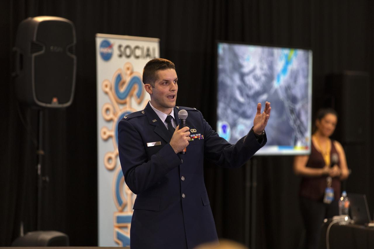 1st Lt. Daniel Smith, launch weather officer, 30th Space Wing, Vandenberg Air Force Base, speaks to members of the news media and social media participants during a prelaunch mission briefing for NASA's Ice, Cloud and land Elevation Satellite-2 (ICESat-2), a mission to measure the changing height of Earth's ice, on Sept. 13, 2018 at Vandenberg Air Force Base (VAFB) in California. ICESat-2 will launch aboard a United Launch Alliance Delta II, the rocketâ€™s final mission, from Space Launch Complex 2 at VAFB. Launch is scheduled for 8:46 a.m. EDT (5:46 a.m. PDT). 