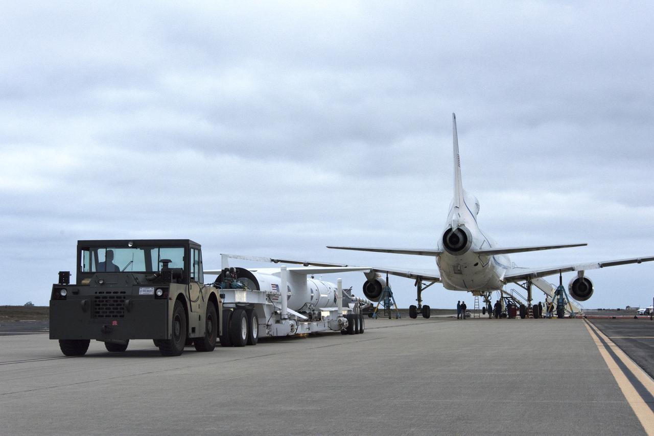 Northrop Grumman's Pegasus XL rocket, containing NASA's Ionospheric Connection Explorer (ICON), is transported to the hot pad at Vandenberg Air Force Base in California, on Oct. 14, 2018. Pegasus will be attached beneath the company's L-1011 Stargazer aircraft for the trip to Cape Canaveral Air Force Station in Florida. The Pegasus XL rocket will launch ICON from the Skid Strip at the Cape. ICON will study the frontier of space - the dynamic zone high in Earth's atmosphere where terrestrial weather from below meets space weather above. The explorer will help determine the physics of Earth's space environment and pave the way for mitigating its effects on our technology and communications systems.