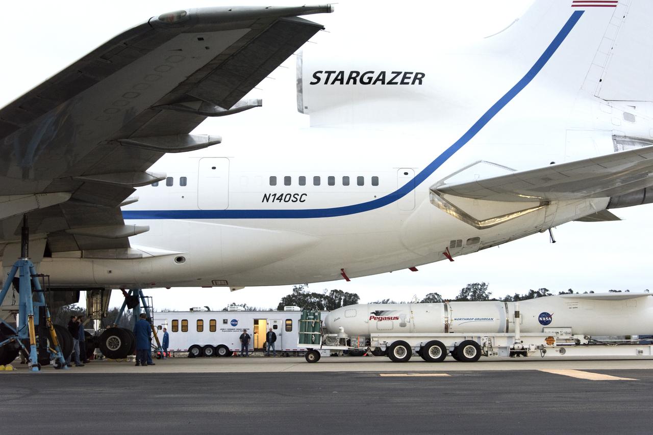 Preparations are underway to attach Northrop Grumman's Pegasus XL rocket, containing NASA's Ionospheric Connection Explorer (ICON), beneath the company's L-1011 Stargazer aircraft at the hot pad at Vandenberg Air Force Base in California, on Oct. 14, 2018. The Stargazer will take off from the hot pad and travel to Cape Canaveral Air Force Station in Florida. The Pegasus XL rocket will launch ICON from the Skid Strip at the Cape. ICON will study the frontier of space - the dynamic zone high in Earth's atmosphere where terrestrial weather from below meets space weather above. The explorer will help determine the physics of Earth's space environment and pave the way for mitigating its effects on our technology and communications systems.