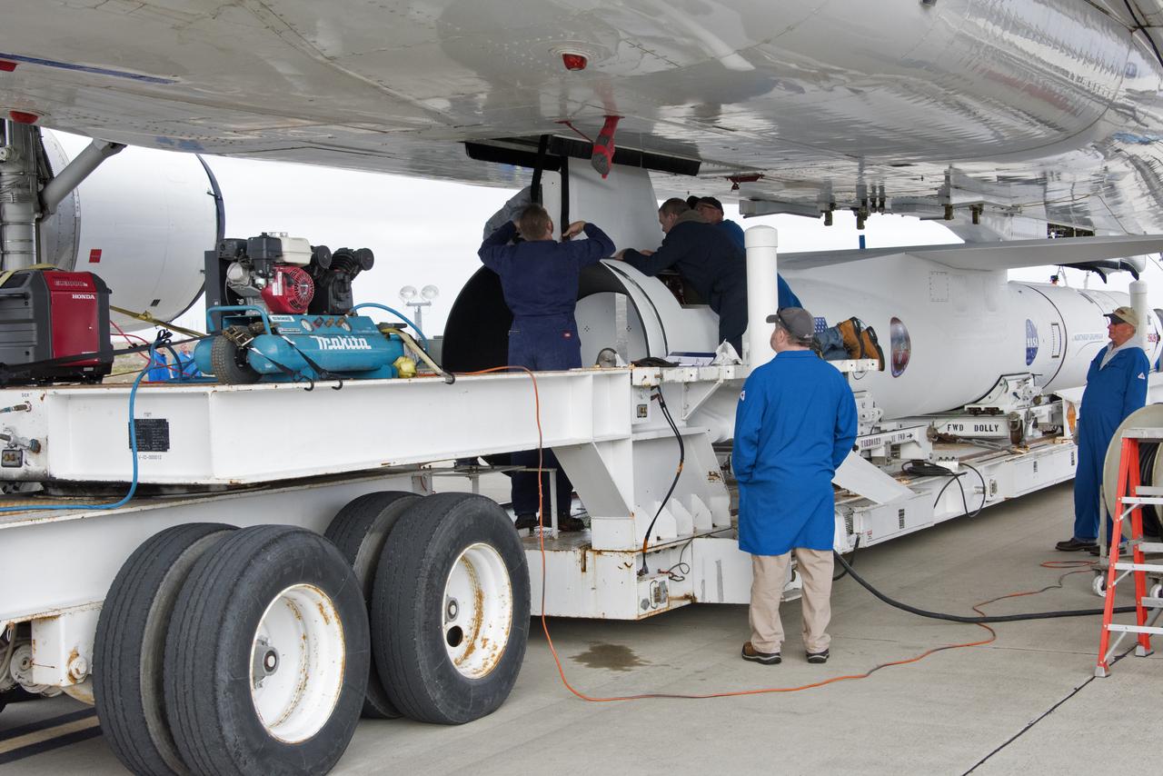 Technicians secure Northrop Grumman's Pegasus XL rocket, containing NASA's Ionospheric Connection Explorer (ICON), beneath the company's L-1011 Stargazer aircraft at the hot pad at Vandenberg Air Force Base in California, on Oct. 14, 2018. The Stargazer will take off from the hot pad and travel to Cape Canaveral Air Force Station in Florida. The Pegasus XL rocket will launch ICON from the Skid Strip at the Cape. ICON will study the frontier of space - the dynamic zone high in Earth's atmosphere where terrestrial weather from below meets space weather above. The explorer will help determine the physics of Earth's space environment and pave the way for mitigating its effects on our technology and communications systems.