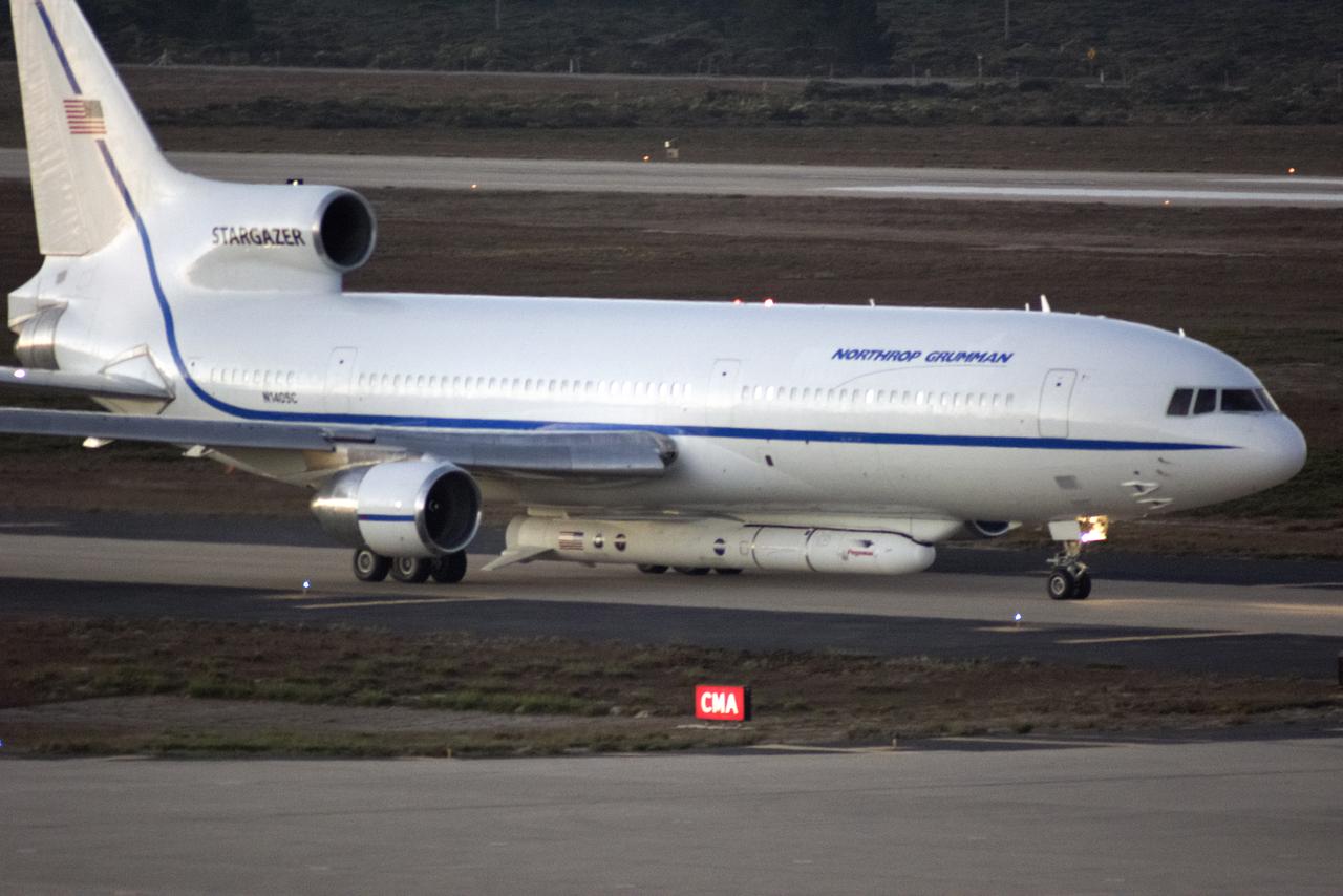 Northrop Grumman's L-1011 Stargazer is being readied for takeoff Oct. 19, 2018, from the hot pad at Vandenberg Air Force Base in California. The company's Pegasus XL rocket, containing NASA's Ionospheric Connection Explorer (ICON), is attached beneath the aircraft. The Pegasus XL rocket will launch from the Skid Strip at Cape Canaveral Air Force Station in Florida. ICON will study the frontier of space - the dynamic zone high in Earth's atmosphere where terrestrial weather from below meets space weather above. The explorer will help determine the physics of Earth's space environment and pave the way for mitigating its effects on our technology and communications systems.