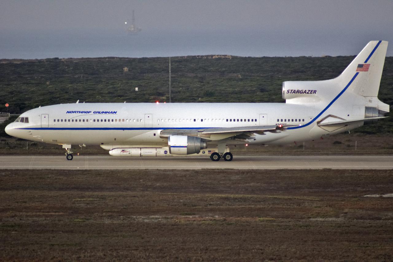 Northrop Grumman's L-1011 Stargazer is ready for takeoff Oct. 19, 2018, from the hot pad at Vandenberg Air Force Base in California. The company's Pegasus XL rocket, containing NASA's Ionospheric Connection Explorer (ICON), is attached beneath the aircraft. The Pegasus XL rocket will launch from the Skid Strip at Cape Canaveral Air Force Station in Florida. ICON will study the frontier of space - the dynamic zone high in Earth's atmosphere where terrestrial weather from below meets space weather above. The explorer will help determine the physics of Earth's space environment and pave the way for mitigating its effects on our technology and communications systems.