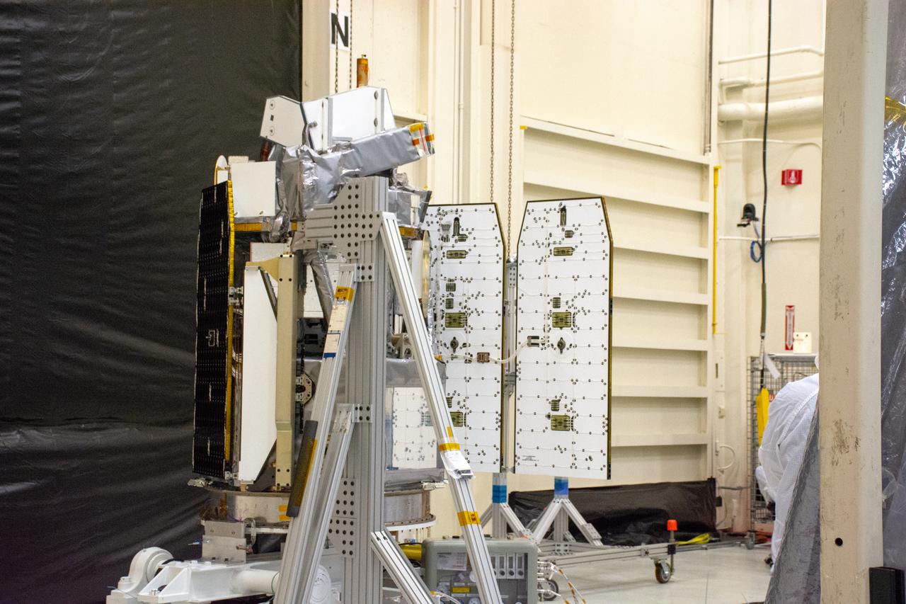 The solar panels on NASA's Ionospheric Connection Explorer (ICON) are being deployed to test them inside Building 1555 at Vandenberg Air Force Base in California on Aug. 10, 2019. ICON will launch on a Pegasus XL rocket, attached beneath the company's L-1011 Stargazer aircraft, from the Skid Strip at Cape Canaveral Air Force Station in Florida. Launch is scheduled for Oct. 10. ICON will study the frontier of space - the dynamic zone high in Earth's atmosphere where terrestrial weather from below meets space weather above. The explorer will help determine the physics of Earth's space environment and pave the way for mitigating its effects on our technology and communications systems.