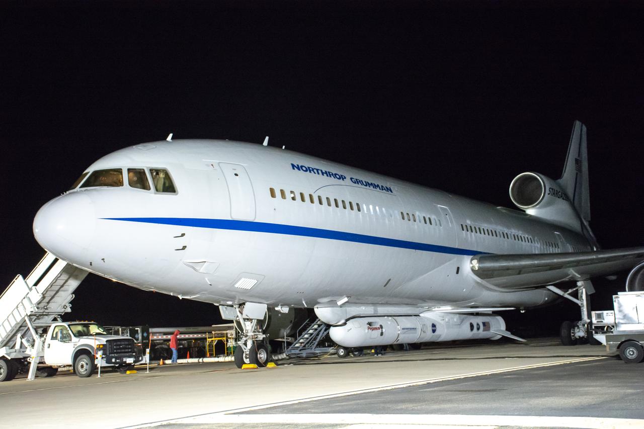 Northrop Grumman's L-1011 Stargazer is undergoing final preparations prior to its takeoff from Vandenberg Air Force Base in California on Oct. 1, 2019. The company's Pegasus XL rocket, containing NASA's Ionospheric Connection Explorer (ICON), is attached beneath the aircraft. The explorer is targeted to launch on Oct. 9, 2019, from Cape Canaveral Air Force Station in Florida. ICON will study the frontier of space - the dynamic zone high in Earth's atmosphere where terrestrial weather from below meets space weather above.