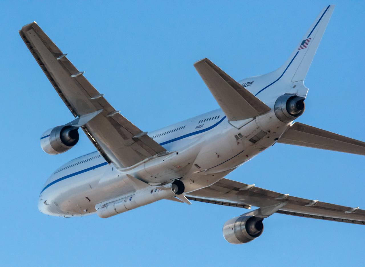 Northrop Grumman's L-1011 Stargazer takes off from Vandenberg Air Force Base in California on Oct. 1, 2019. The company's Pegasus XL rocket, containing NASA's Ionospheric Connection Explorer (ICON), is attached beneath the aircraft. The explorer is targeted to launch on Oct. 9, 2019, from Cape Canaveral Air Force Station in Florida. ICON will study the frontier of space - the dynamic zone high in Earth's atmosphere where terrestrial weather from below meets space weather above.