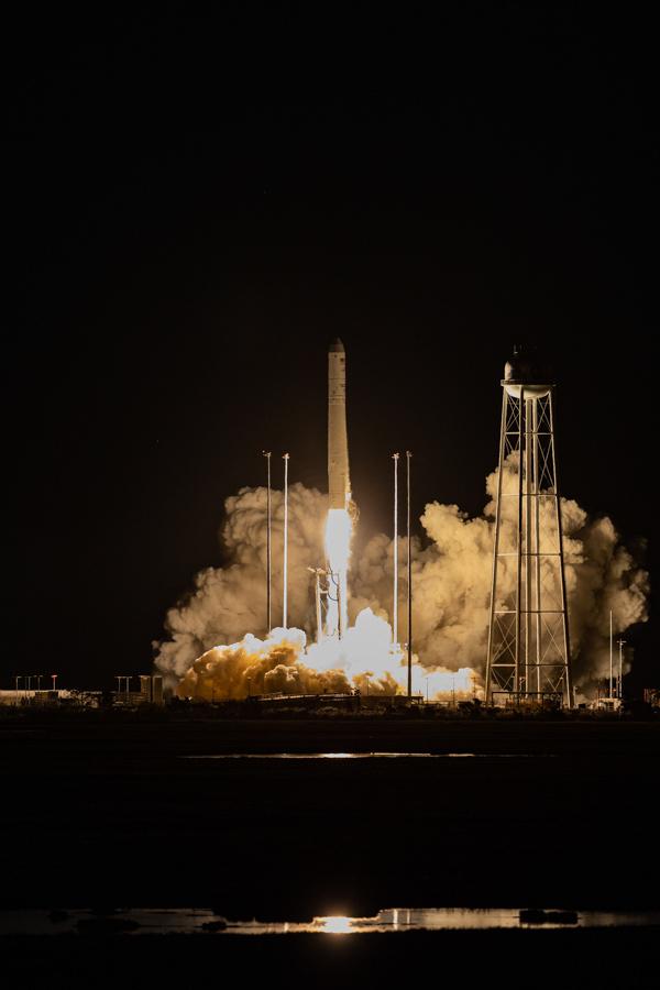 A Northrop Grumman Antares rocket, with the company’s Cygnus spacecraft onboard, launches at 9:16 p.m. EDT, Friday, October 2, 2020, from the Mid Atlantic Regional Spaceport’s Pad-0A, at NASA's Wallops Flight Facility in Virginia. Northrop Grumman's 14th contracted cargo resupply mission for NASA to the International Space Station is carrying nearly 8,000 pounds of science and research, crew supplies and vehicle hardware to the orbital laboratory and its crew. Photo Credit: (NASA/Allison Stancil)