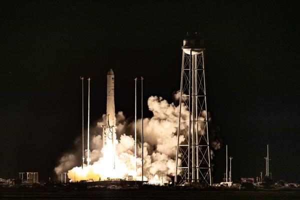 A Northrop Grumman Antares rocket, with the company’s Cygnus spacecraft onboard, launches at 9:16 p.m. EDT, Friday, October 2, 2020, from the Mid Atlantic Regional Spaceport’s Pad-0A, at NASA's Wallops Flight Facility in Virginia. Northrop Grumman's 14th contracted cargo resupply mission for NASA to the International Space Station is carrying nearly 8,000 pounds of science and research, crew supplies and vehicle hardware to the orbital laboratory and its crew. Photo Credit: (NASA/Terry Zaperach)