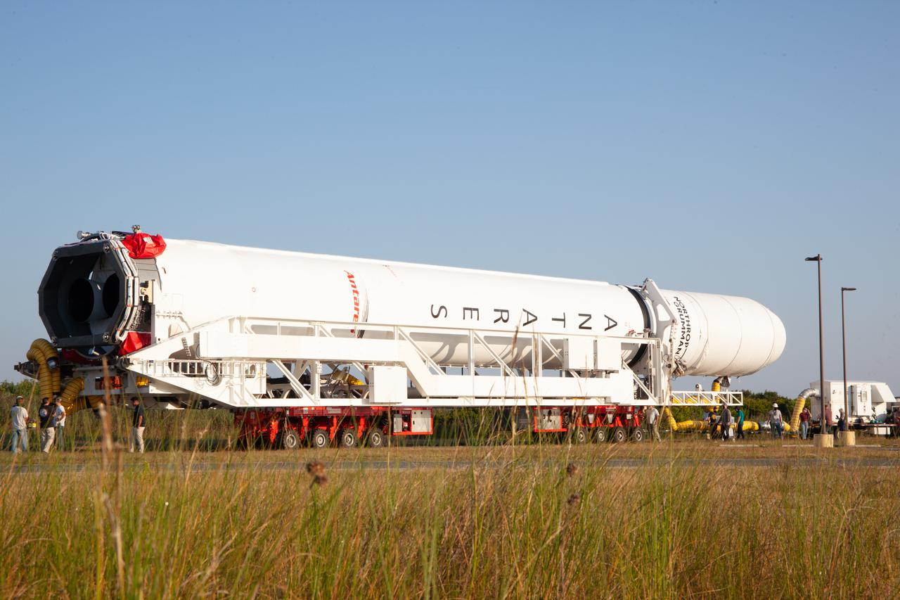 A Northrop Grumman Antares rocket carrying a Cygnus resupply spacecraft is seen as it is transported to the Mid-Atlantic Regional Spaceport’s Pad-0A, Friday, Aug. 10, 2021, at NASA's Wallops Flight Facility in Virginia. Northrop Grumman’s 16th contracted cargo resupply mission with NASA to the International Space Station will deliver about 8,200 pounds of science and research, crew supplies and vehicle hardware to the orbital laboratory and its crew. Northrop Grumman named the NG CRS-16 Cygnus spacecraft after NASA astronaut Ellison Onizuka,  in honor of his prominence as the first Asian American astronaut.   The launch is scheduled for 5:56 p.m. EDT, Aug. 10, 2021.  Photo Credit: NASA/Brian Bonsteel