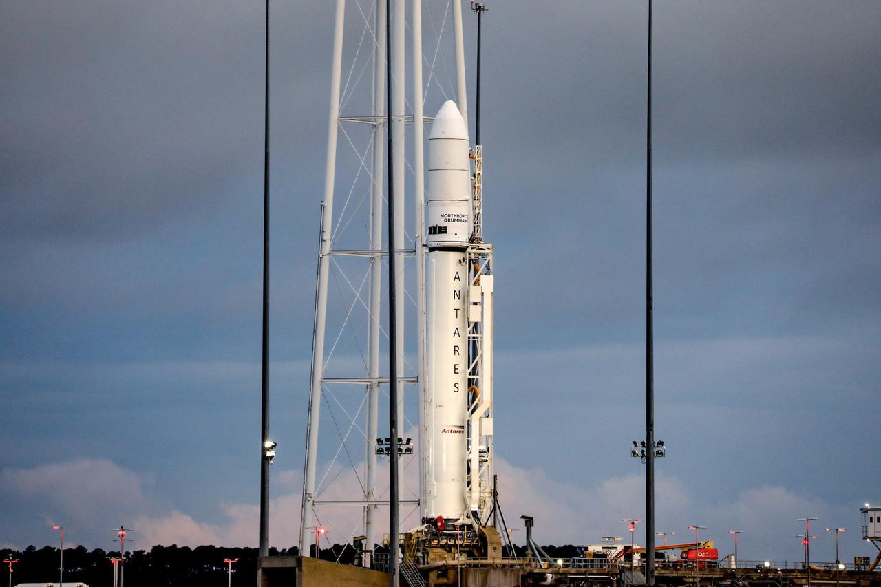 A Northrop Grumman Antares rocket carrying a Cygnus resupply spacecraft is seen at sunrise on the Mid-Atlantic Regional Spaceport’s Pad-0A, Aug. 7, 2021, at NASA's Wallops Flight Facility in Virginia. Northrop Grumman’s 16th contracted cargo resupply mission with NASA to the International Space Station will deliver nearly 8,200 pounds of science and research, crew supplies and vehicle hardware to the orbital laboratory and its crew. Northrop Grumman named the NG CRS-16 Cygnus spacecraft after NASA astronaut Ellison Onizuka,  in honor of his prominence as the first Asian American astronaut. Onizuka was hired in 1978 in the first class of diverse astronauts, and his first spaceflight was aboard space shuttle Discovery in January 1985 for STS-51-C. He lost his life aboard the space shuttle Challenger in 1986. Launch is scheduled for 5:56 p.m. EDT, Tuesday, Aug. 10, 2021.  Photo Credit: NASA/Terry Zaperach