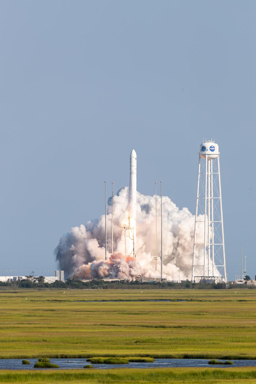 A Northrop Grumman Antares rocket, with the company’s Cygnus spacecraft onboard, launches on Tuesday, Aug. 10, 2021, from the Mid Atlantic Regional Spaceport’s Pad-0A, at NASA's Wallops Flight Facility in Virginia. Northrop Grumman's 16th contracted cargo resupply mission for NASA to the International Space Station is carrying nearly 8,200 pounds of science and research, crew supplies and vehicle hardware to the orbital laboratory and its crew. Credit: NASA Wallops/Allison Stancil