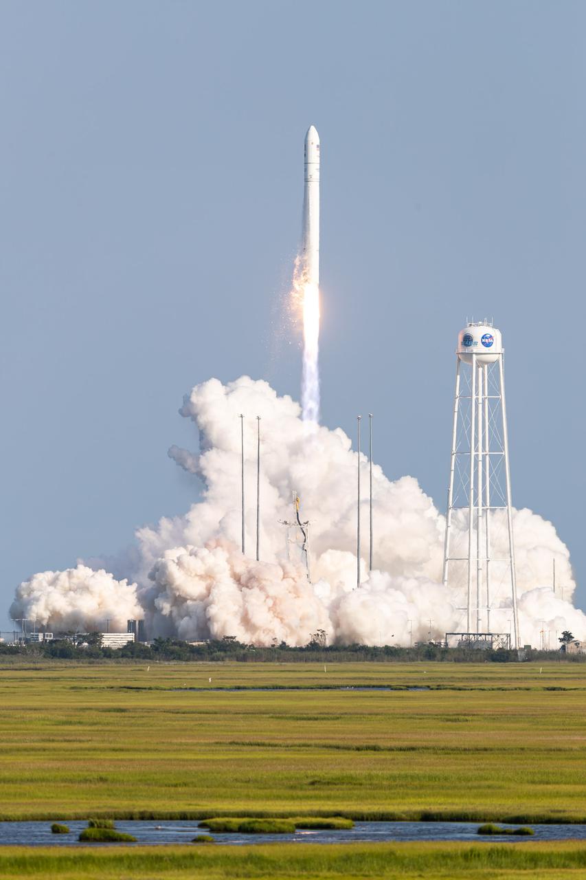 A Northrop Grumman Antares rocket, with the company’s Cygnus spacecraft onboard, launches on Tuesday, Aug. 10, 2021, from the Mid Atlantic Regional Spaceport’s Pad-0A, at NASA's Wallops Flight Facility in Virginia. Northrop Grumman's 16th contracted cargo resupply mission for NASA to the International Space Station is carrying nearly 8,200 pounds of science and research, crew supplies and vehicle hardware to the orbital laboratory and its crew. Credit: NASA Wallops/Allison Stancil