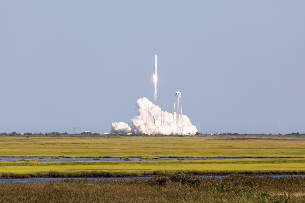 A Northrop Grumman Antares rocket, with the company’s Cygnus spacecraft onboard, launches on Tuesday, Aug. 10, 2021, from the Mid Atlantic Regional Spaceport’s Pad-0A, at NASA's Wallops Flight Facility in Virginia. Northrop Grumman's 16th contracted cargo resupply mission for NASA to the International Space Station is carrying nearly 8,200 pounds of science and research, crew supplies and vehicle hardware to the orbital laboratory and its crew. Credit: NASA Wallops/Allison Stancil