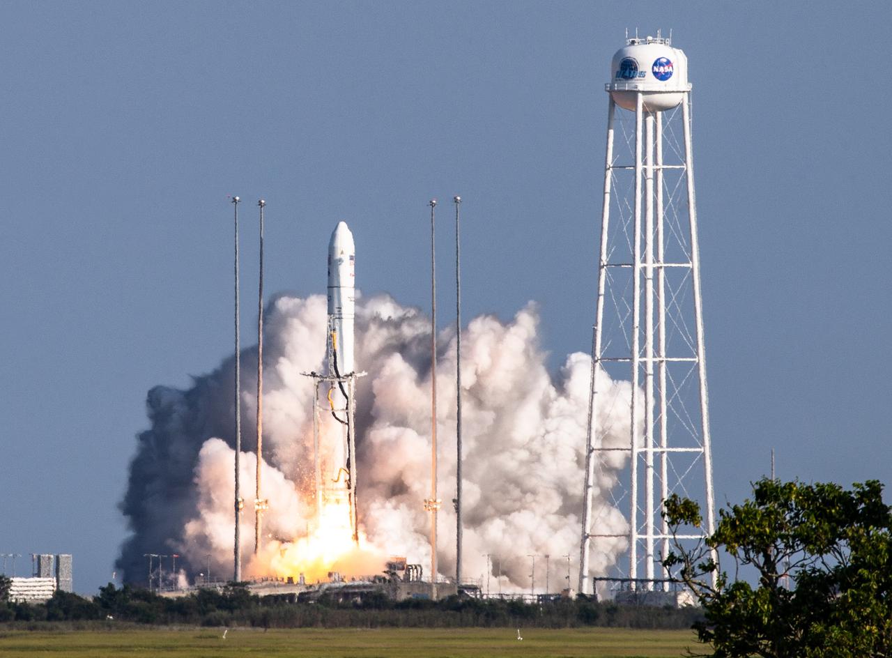 A Northrop Grumman Antares rocket, with the company’s Cygnus spacecraft onboard, launches on Tuesday, Aug. 10, 2021, from the Mid Atlantic Regional Spaceport’s Pad-0A, at NASA's Wallops Flight Facility in Virginia. Northrop Grumman's 16th contracted cargo resupply mission for NASA to the International Space Station is carrying nearly 8,200 pounds of science and research, crew supplies and vehicle hardware to the orbital laboratory and its crew. Credit: NASA Wallops/Terry Zaperach
