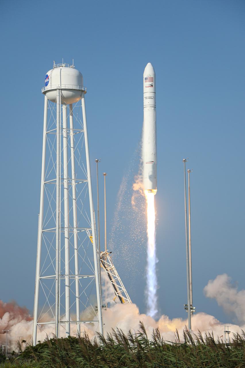 A Northrop Grumman Antares rocket, with the company’s Cygnus spacecraft onboard, launches at 6:01 p.m. EDT, Tuesday, Aug. 10, 2021, from the Mid Atlantic Regional Spaceport’s Pad-0A, at NASA's Wallops Flight Facility in Virginia. Northrop Grumman's 16th contracted cargo resupply mission for NASA to the International Space Station is carrying nearly 8,200 pounds of science and research, crew supplies and vehicle hardware to the orbital laboratory and its crew. Photo Credit: NASA Wallops/Brian Bonsteel