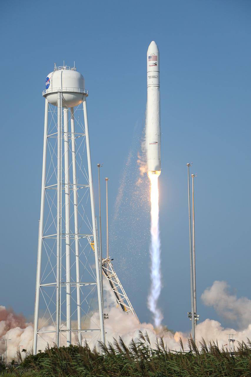 A Northrop Grumman Antares rocket, with the company’s Cygnus spacecraft onboard, launches at 6:01 p.m. EDT, Tuesday, Aug. 10, 2021, from the Mid Atlantic Regional Spaceport’s Pad-0A, at NASA's Wallops Flight Facility in Virginia. Northrop Grumman's 16th contracted cargo resupply mission for NASA to the International Space Station is carrying nearly 8,200 pounds of science and research, crew supplies and vehicle hardware to the orbital laboratory and its crew. Photo Credit: NASA Wallops/Brian Bonsteel