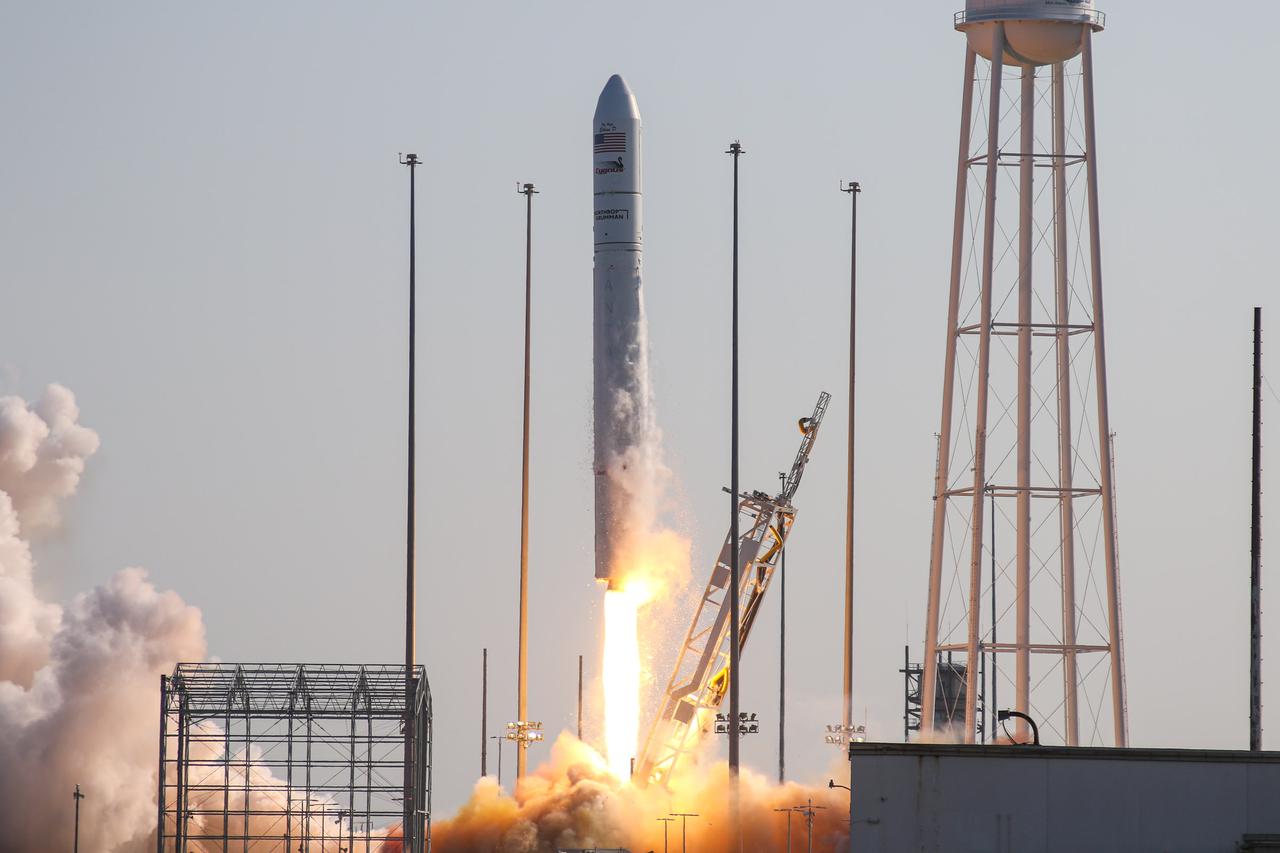 A Northrop Grumman Antares rocket, with the company’s Cygnus spacecraft onboard, launches at 6:01 p.m. EDT, Tuesday, Aug. 10, 2021, from the Mid Atlantic Regional Spaceport’s Pad-0A, at NASA's Wallops Flight Facility in Virginia. Northrop Grumman's 16th contracted cargo resupply mission for NASA to the International Space Station is carrying nearly 8,200 pounds of science and research, crew supplies and vehicle hardware to the orbital laboratory and its crew. Photo Credit: NASA Wallops/Brian Bonsteel