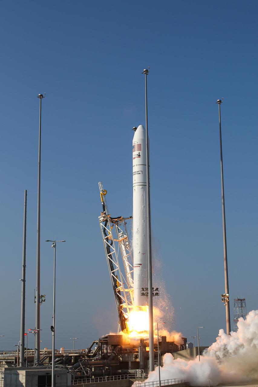A Northrop Grumman Antares rocket, with the company’s Cygnus spacecraft onboard, launches at 6:01 p.m. EDT, Tuesday, Aug. 10, 2021, from the Mid Atlantic Regional Spaceport’s Pad-0A, at NASA's Wallops Flight Facility in Virginia. Northrop Grumman's 16th contracted cargo resupply mission for NASA to the International Space Station is carrying nearly 8,200 pounds of science and research, crew supplies and vehicle hardware to the orbital laboratory and its crew. Photo Credit: NASA Wallops/Brian Bonsteel