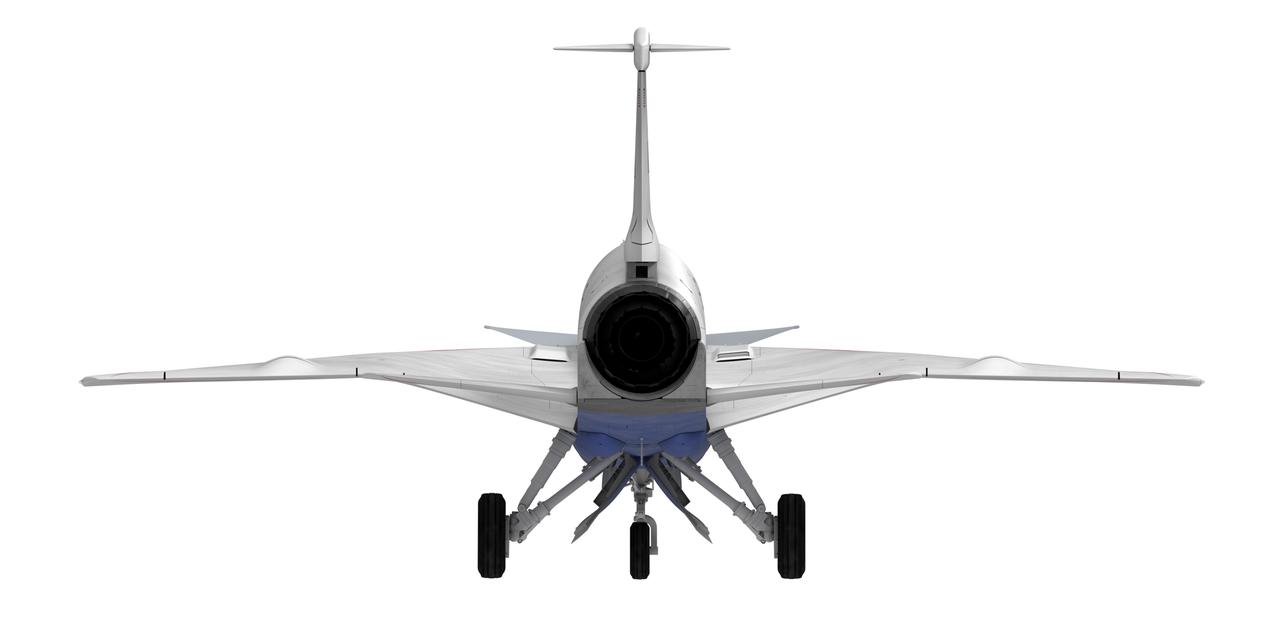 Artist concept of the X-59 view of the back of the vehicle with the landing gears down.