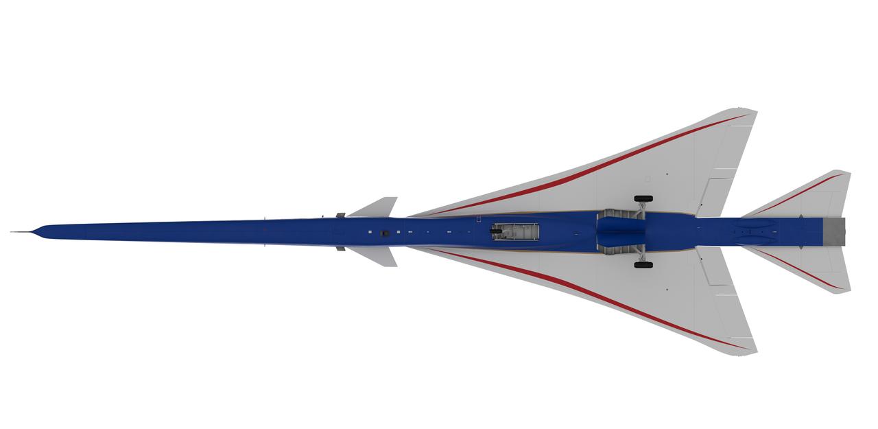 Artist concept of the X-59 bottom view with landing gears down.