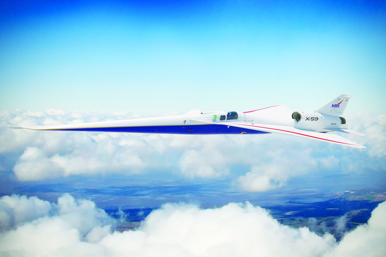 Artist illustration of the X-59 in flight above the clouds with land below, flying left.