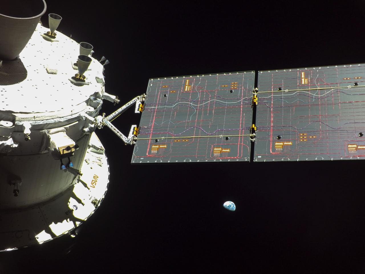 art001e001716 (Nov. 29, 2022) A camera on the tip of one of the Orion’s four solar arrays captured Earth when the spacecraft was 264,000 miles from our home planet on the Artemis I mission.