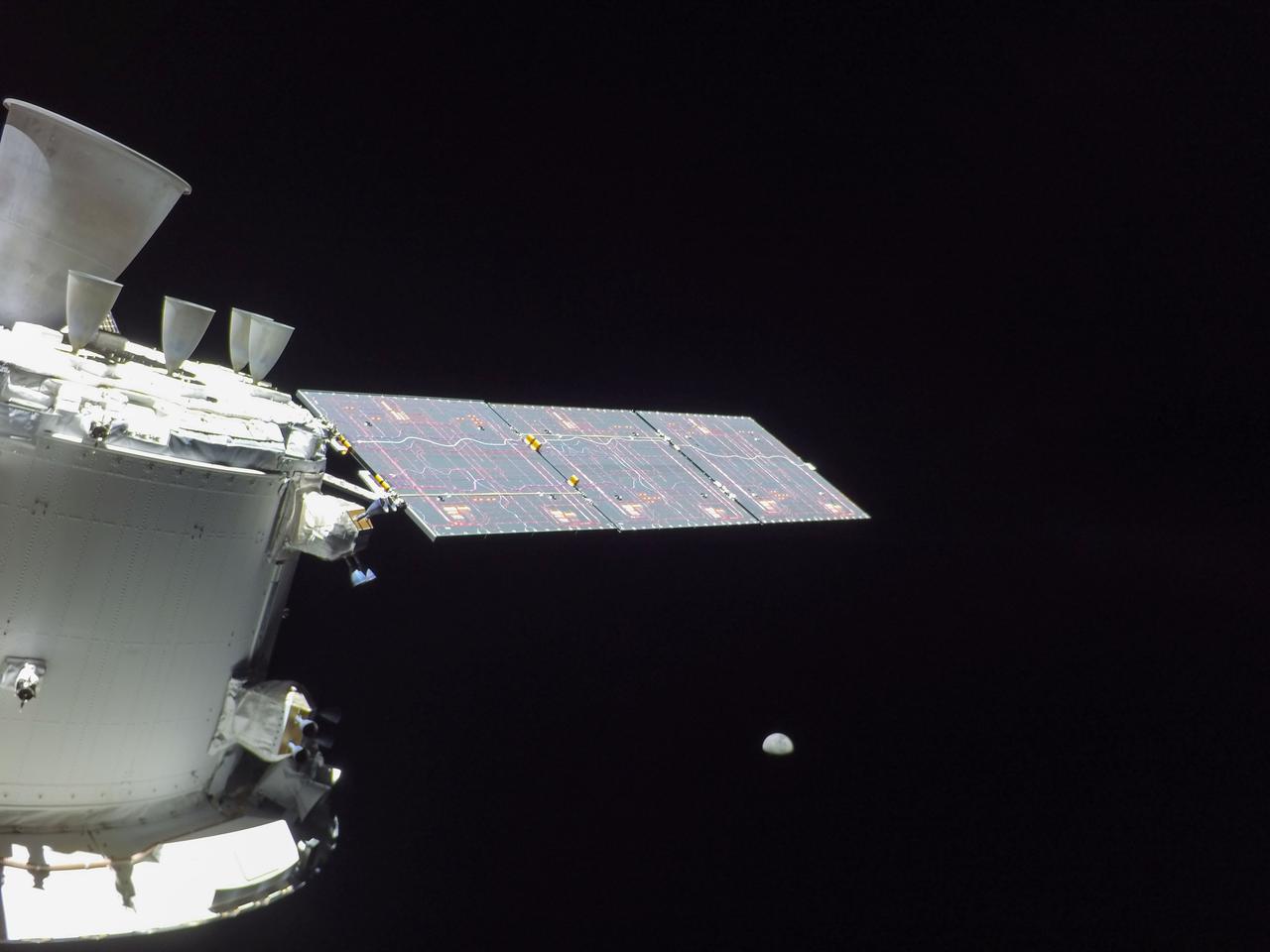 art001e002187 (Dec. 7, 2022) The Moon appears smaller from Orion’s perspective on flight day 22 as the Artemis I spacecraft continues distancing itself from our lunar neighbor, over 125,000 miles away in this image.