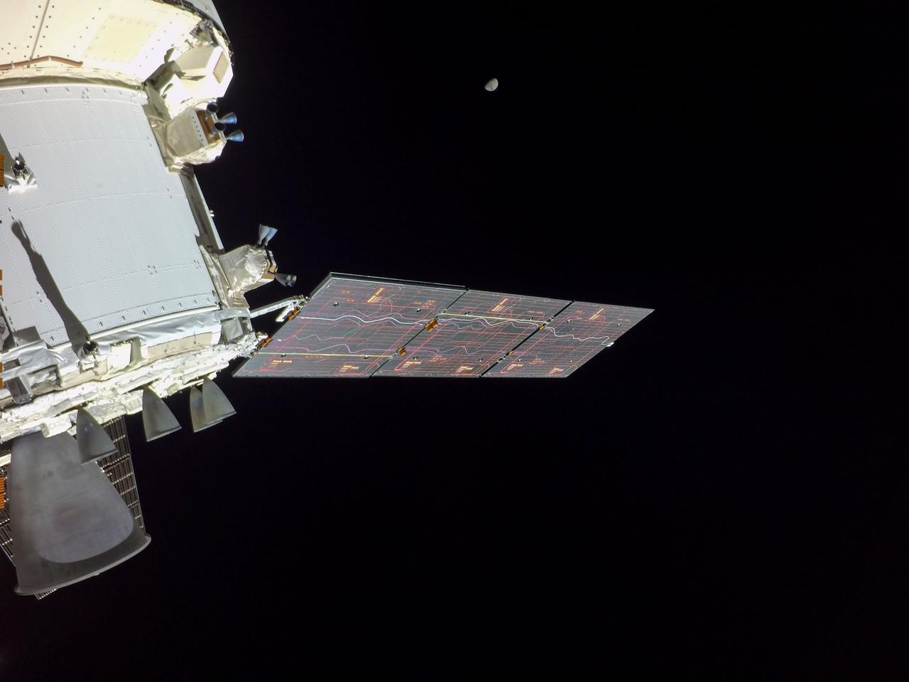 art001e002202 (Dec. 8, 2022) On flight day 23 of NASA’s Artemis I mission, Orion’s solar array wing camera looked back at the Moon as the spacecraft continued its journey back to Earth ahead of a splashdown off the west coast of North America on Dec. 11.