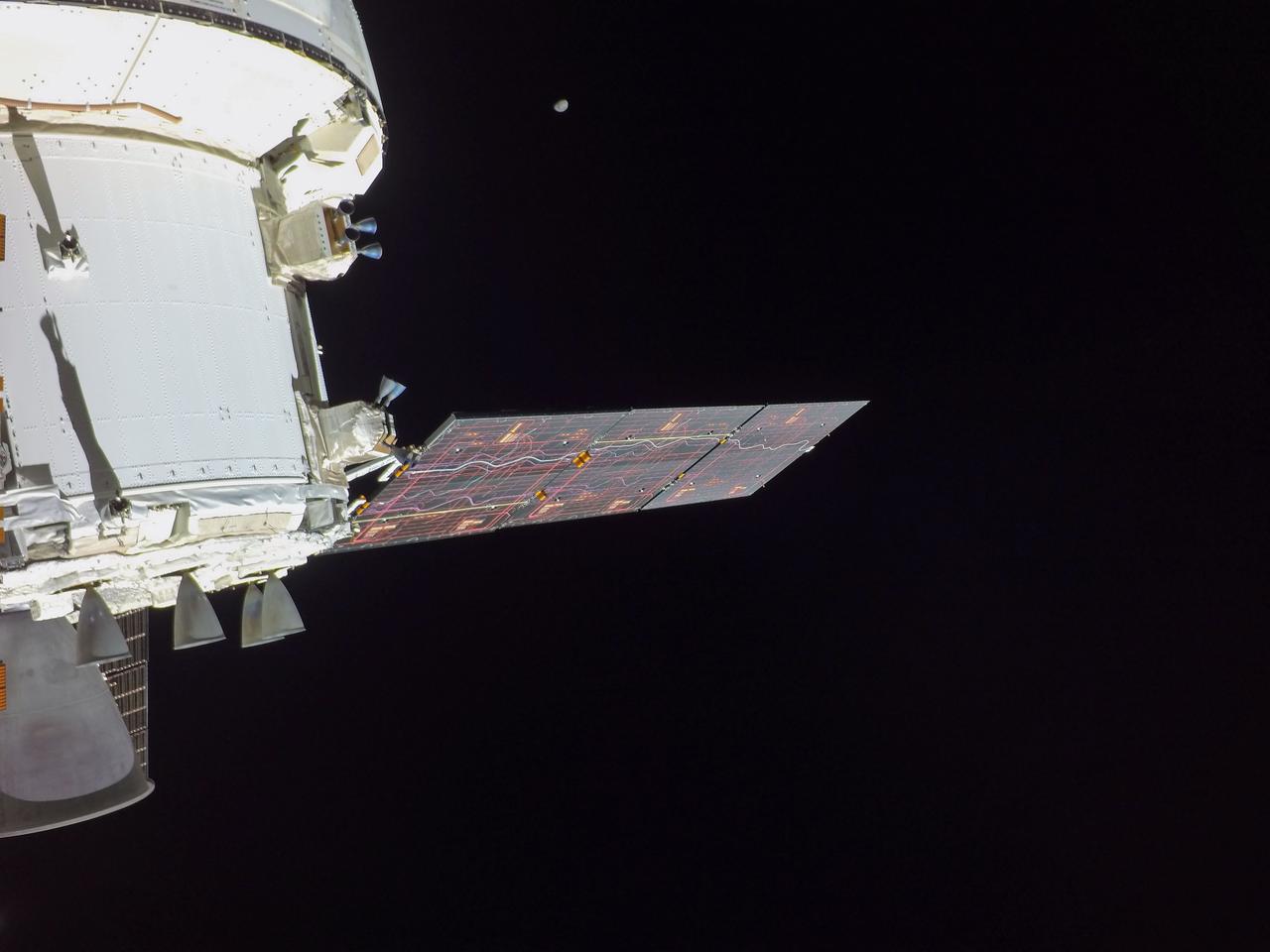 art001e002998 (Dec. 10, 2022) On flight day 25 of the Artemis I mission, Orion captured this photo of the Moon from a camera mounted on one of its solar arrays. The spacecraft is now closer to Earth than to the Moon, and will splash down on Sunday, Dec. 11.