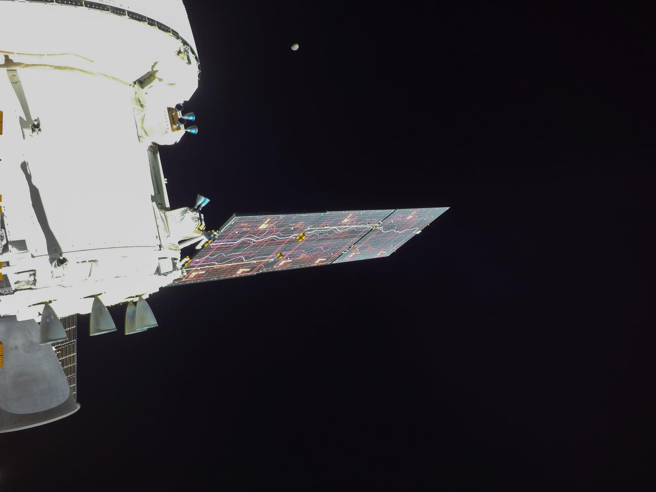 art001e003000 (Dec. 10, 2022) On flight day 25 of the Artemis I mission, Orion captured this photo of the Moon from a camera mounted on one of its solar arrays. The spacecraft is now closer to Earth than to the Moon, and will splash down on Sunday, Dec. 11.