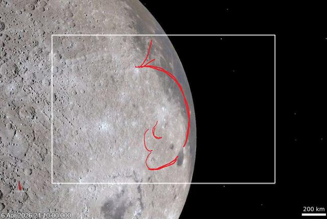 art002e009506 (April 6, 2026) – The Artemis II crew observed bright, curved features near the Moon’s limb during their lunar flyby. In an in-flight annotation, Artemis II commander Reid Wiseman marked the features in red to document their shape and location. The crew described the features as similar in brightness to rays extending from Glushko crater. Credit: CSA/NASA