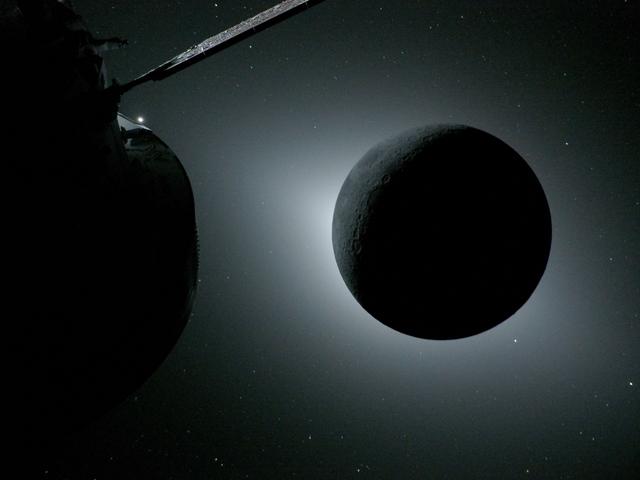 The Moon, backlit by the Sun during a solar eclipse, is...