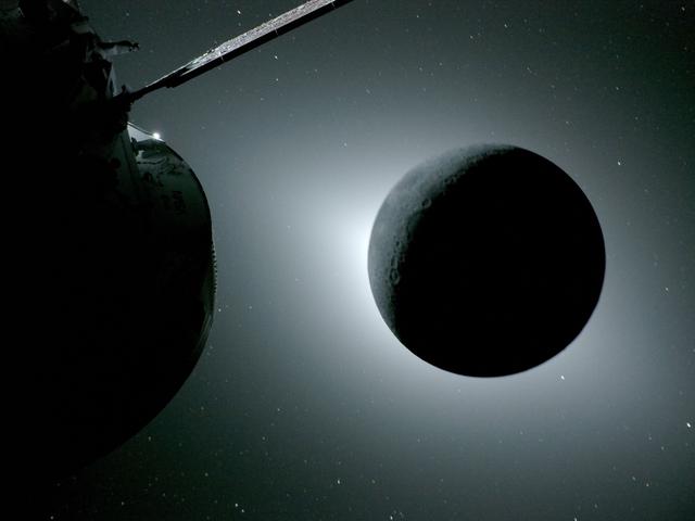 The Moon, seen here backlit by the Sun during a solar eclipse...