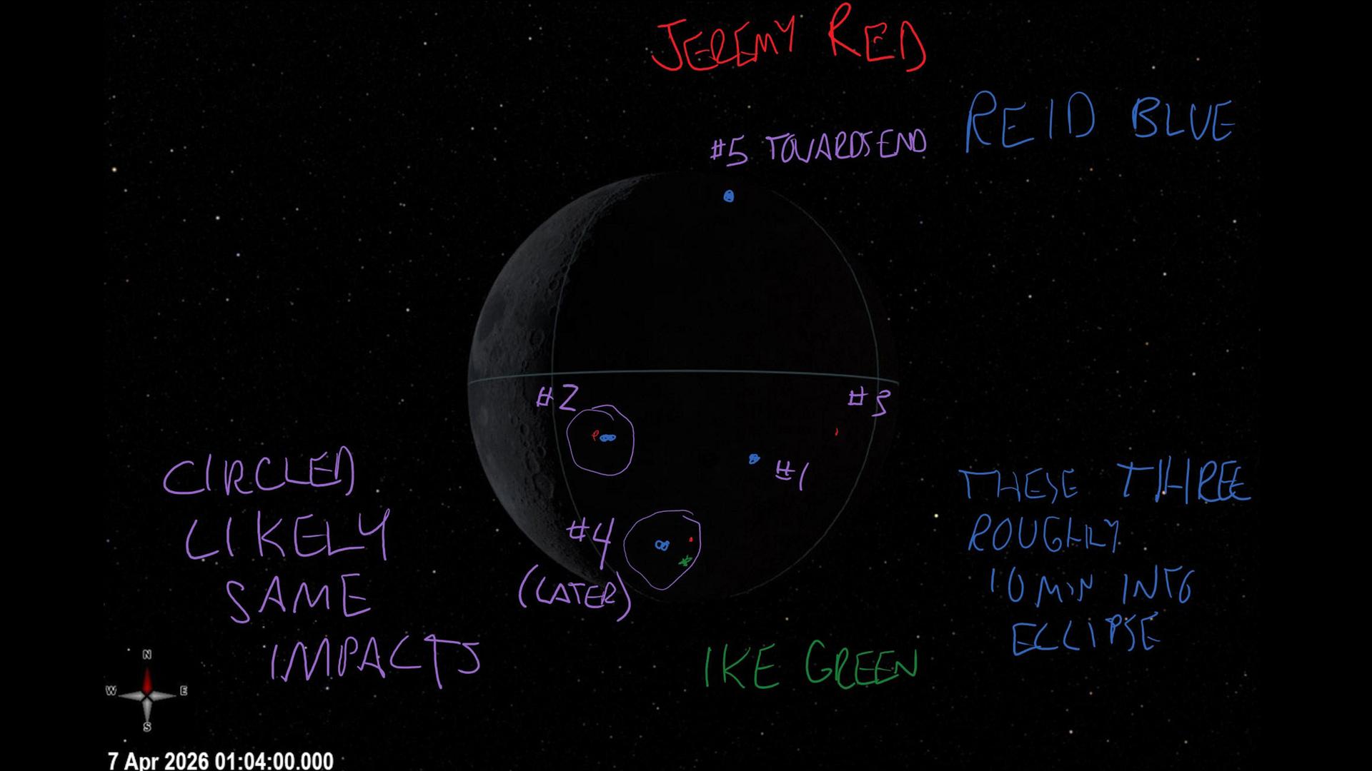 Annotated view of the Moon during an eclipse against a star-filled background. Colored handwritten notes, circles, and dots mark several bright points observed around the darkened lunar disk. The crew annotations describe some points as red, blue, or green and note that several circled observations were likely the same impact events viewed at different times.