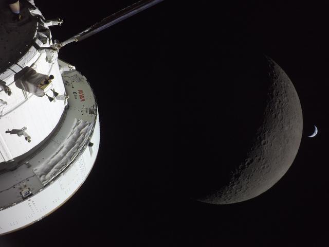 NASA’s Orion spacecraft captures the Moon and the Earth in...
