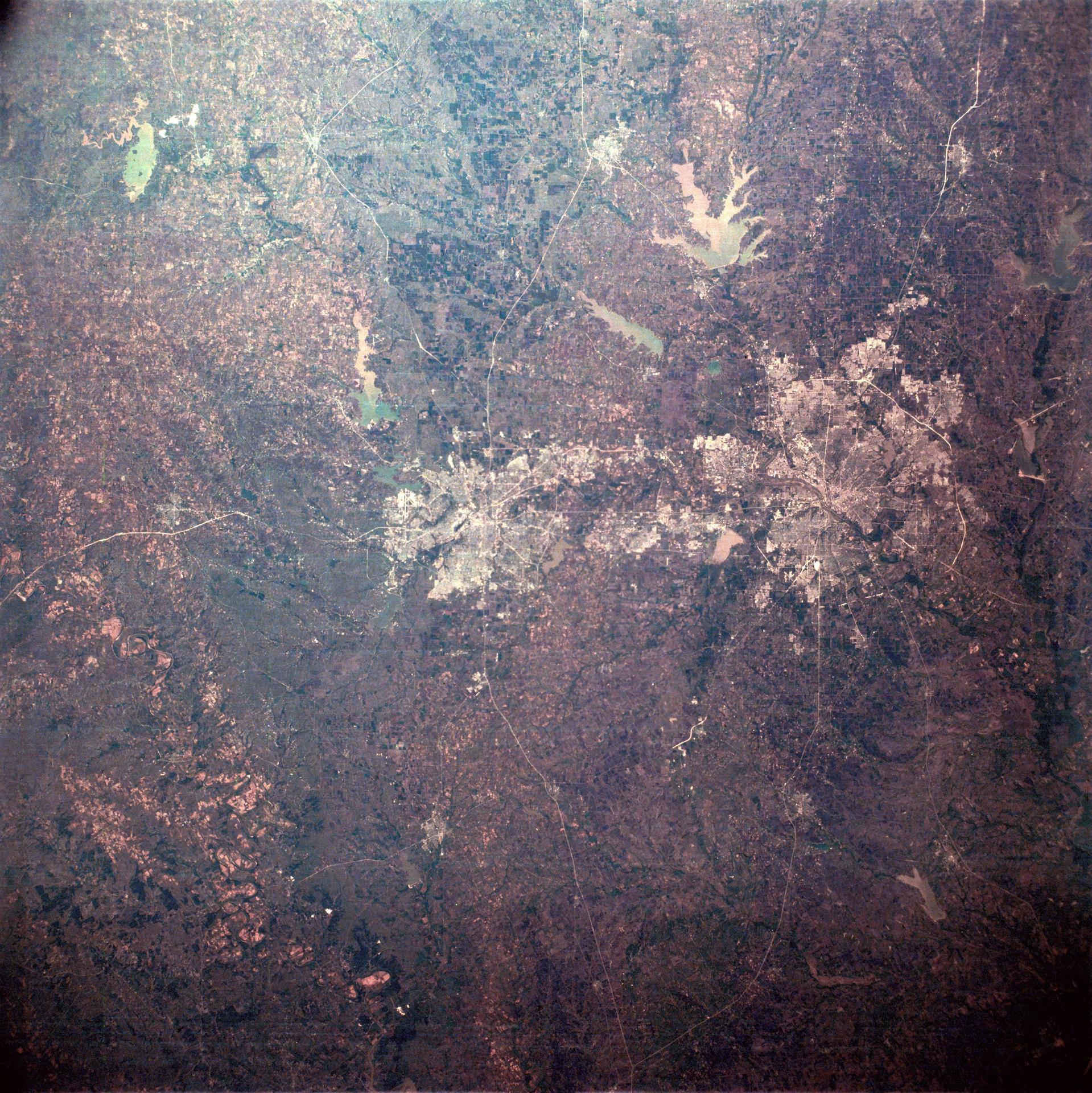 View from the Apollo 6 spacecraft of the Dallas-Fort Worth area of Texas.