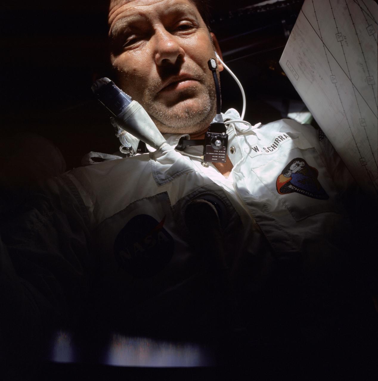 AS07-04-1582 (11-22 Oct. 1968) --- Astronaut Walter M. Schirra Jr., Apollo 7 commander, is photographed during the Apollo 7 mission.