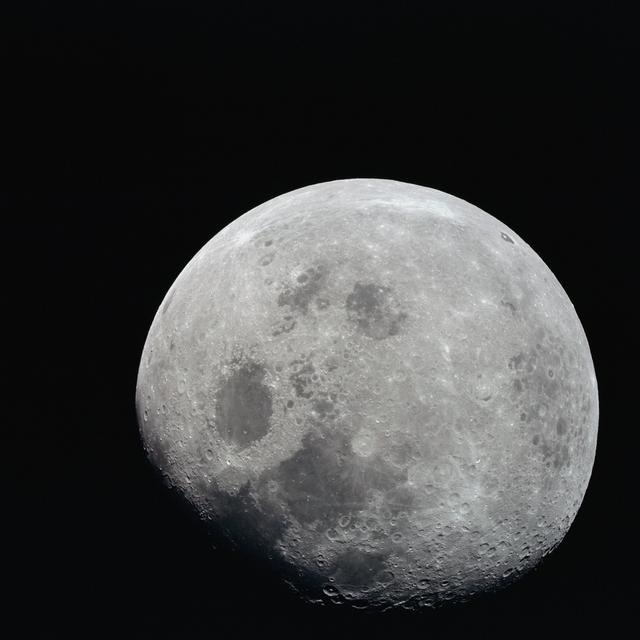 NASA image: Photograph of nearly full moon taken from Apollo 8