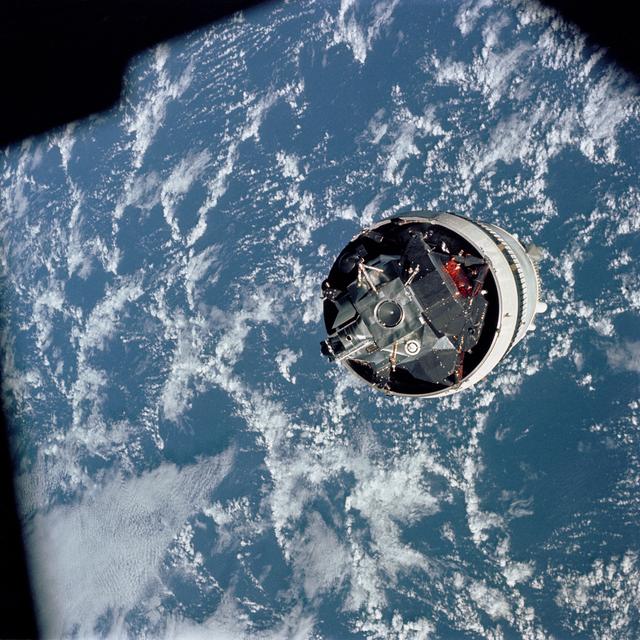NASA image: Apollo 9 Mission image - Top view of the Lunar Module (LM) spacecraft from the Command Module (CM) 