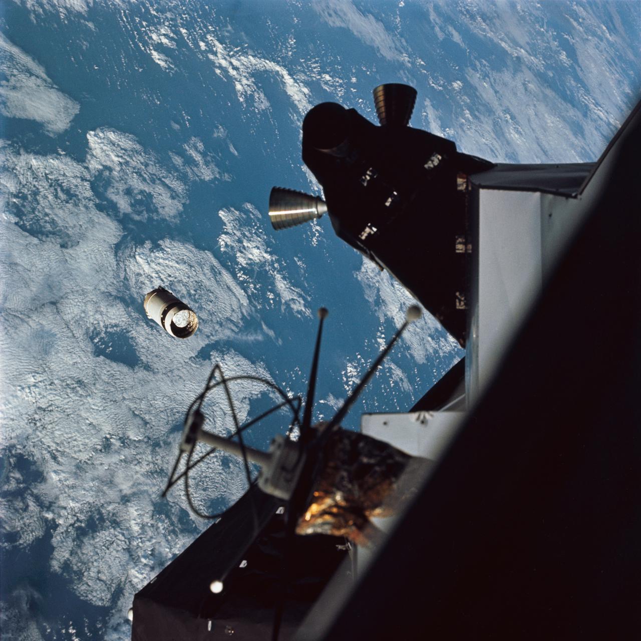 View of the Lunar Module (LM) 3 and Service Module (SM) LM Adapter. Film magazine was A,film type was SO-368 Ektachrome with 0.460 - 0.710 micrometers film / filter transmittance response and haze filter, 80mm lens. 