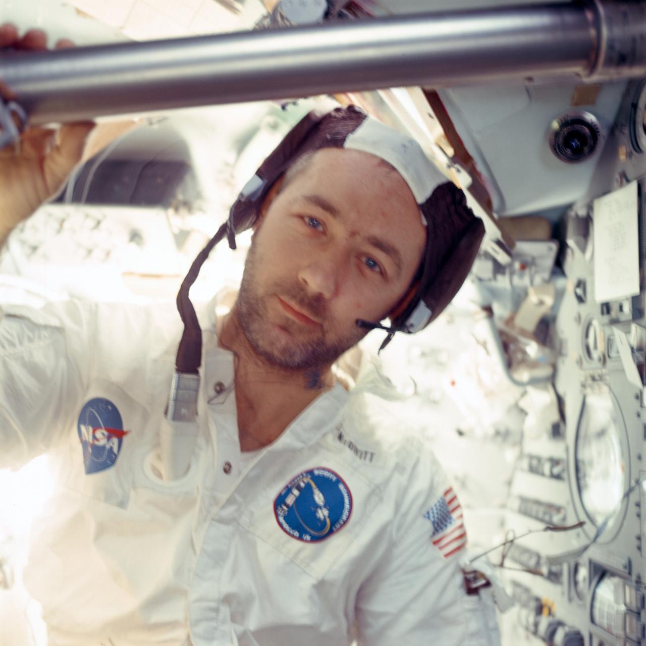 AS09-20-3154 (3-13 March 1969) --- This close-up view of astronaut James A. McDivitt shows several days' beard growth. The Apollo 9 mission commander was onboard the Lunar Module (LM) "Spider" in Earth orbit, near the end of the flight. He was joined on the mission by astronauts David R. Scott, command module pilot, and Russell L. Schweickart, lunar module pilot. Schweickart took this picture while Scott remained in the Command Module (CM) "Gumdrop." In Earth orbit, the three tested the transposition and docking systems of the lunar module and command module. On a scheduled lunar landing mission later this year, a team of three astronauts and ground controllers will use what this crew and its support staff have learned in handling the systems of the two spacecraft.