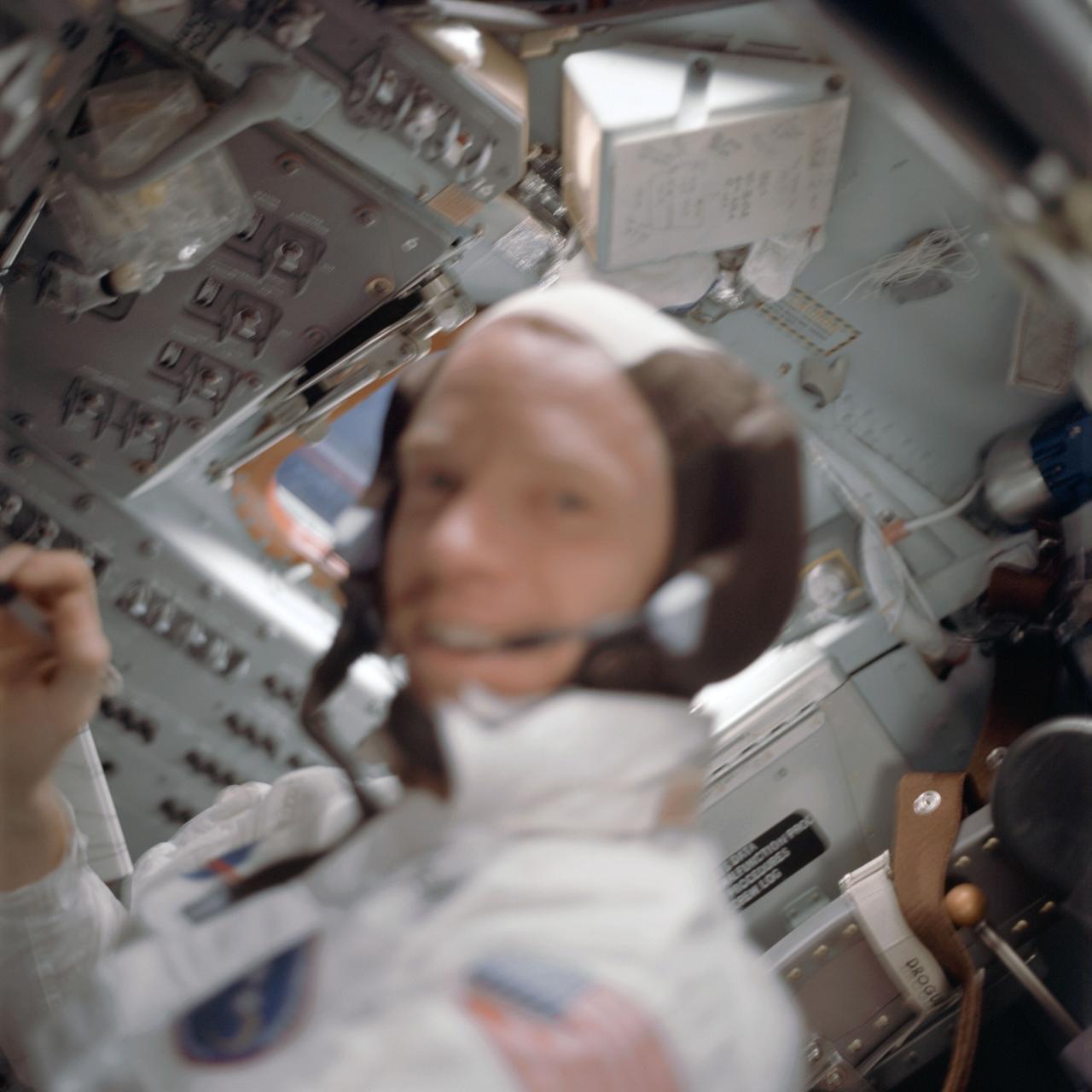 Astronaut Russell Schweickart, Apollo 9 Lunar Module pilot, is photographed inside Lunar Module "Spider" during the Apollo 9 earth-orbital mission.