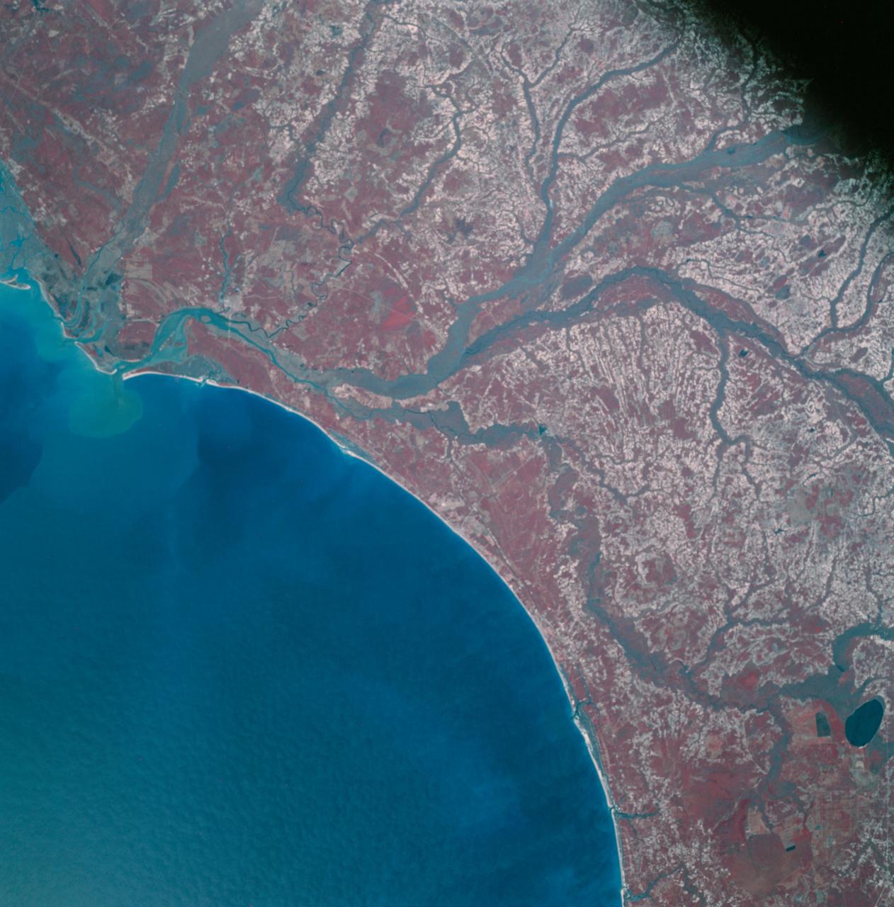 AS09-26A-3793A (12 March 1969) --- Color infrared photograph of the Atlantic Coast of South Carolina, Georgetown-Myrtle Beach-Conway area, taken on March 12, 1969, by one of the four synchronized cameras of the Apollo 9 Earth Resources Survey SO65 Experiment. At 10:00 a.m. (EST) when this picture was made the Apollo 9 spacecraft was at an altitude of 116 nautical miles, and the sun elevation was 39 degrees above the horizon. The location of the point on Earth's surface at which the four-camera combination was aimed was 33 degrees 35 minutes north latitude, and 79 degrees 3 minutes west longitude. The other three cameras used: (B) black and white film with a red filter; (C) black and white infrared film; and (D) black and white film with a green filter.
