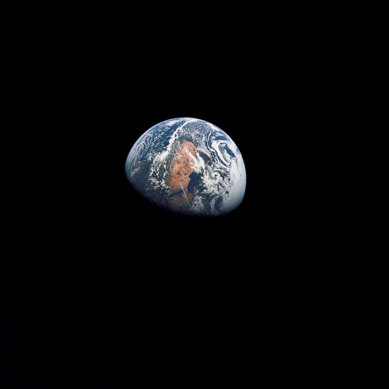 AS10-34-5026 (18-26 May 1969) --- An Apollo 10 photograph of Earth taken from 100,000 miles away. Visible are many areas of Europe and Africa. Among the features and countries identifiable are Portugal, Spain, Italy, the Mediterranean Sea, Greece, Turkey, Bulgaria, the Black Sea, Libya, Egypt, Saudi Arabia, the Sinai Peninsula, the Nile Delta, Lake Chad, and South Africa. The crew members for Apollo 10 are astronauts Thomas P. Stafford, commander; John W. Young, command module pilot; and Eugene E. Cernan, lunar module pilot. Astronaut Young remained in lunar orbit, in the Command and Service Modules (CSM) "Charlie Brown", while astronauts Stafford and Cernan descended to within nine miles of the lunar surface, in the Lunar Module (LM) "Snoopy".