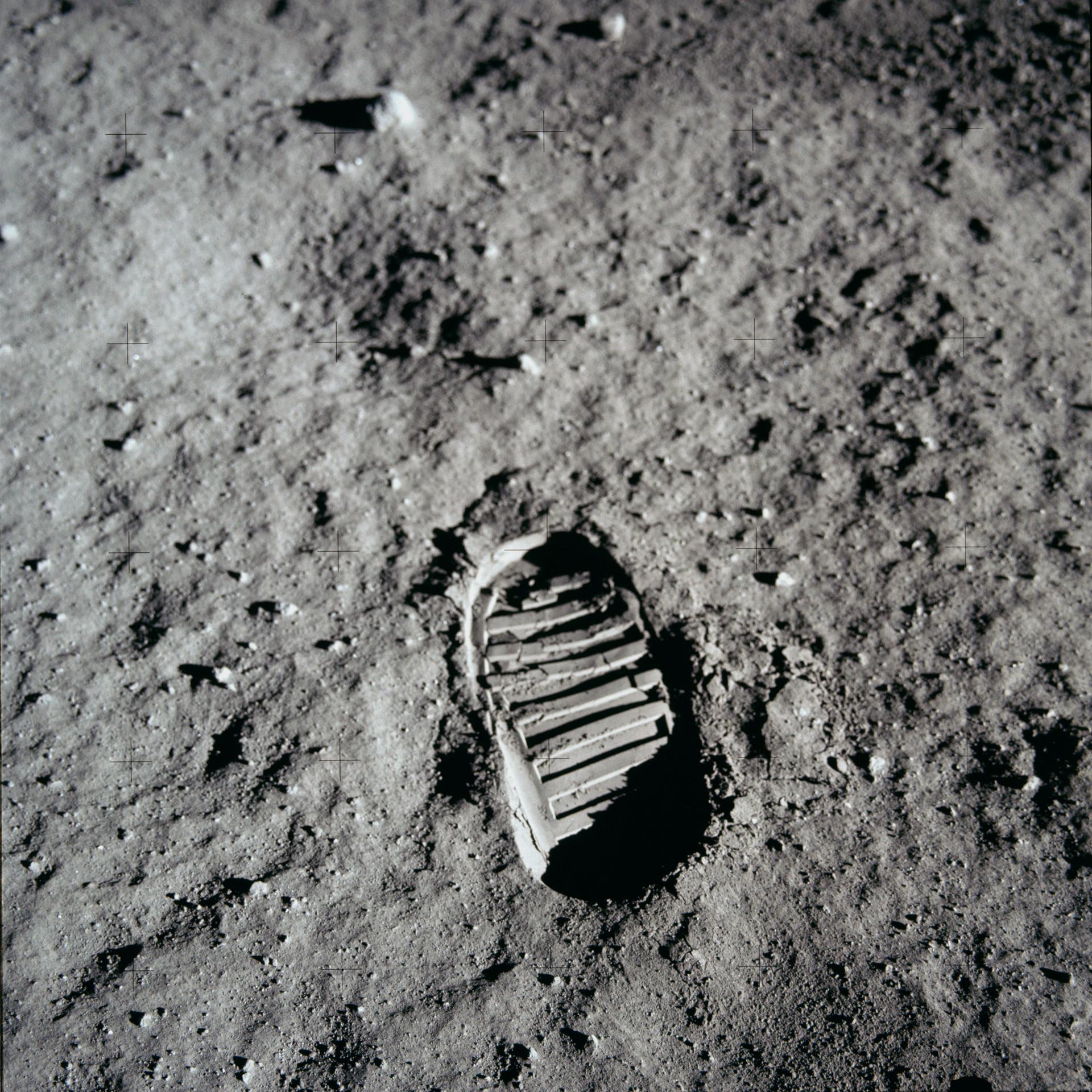 A close-up view of an astronaut's bootprint in the lunar soil