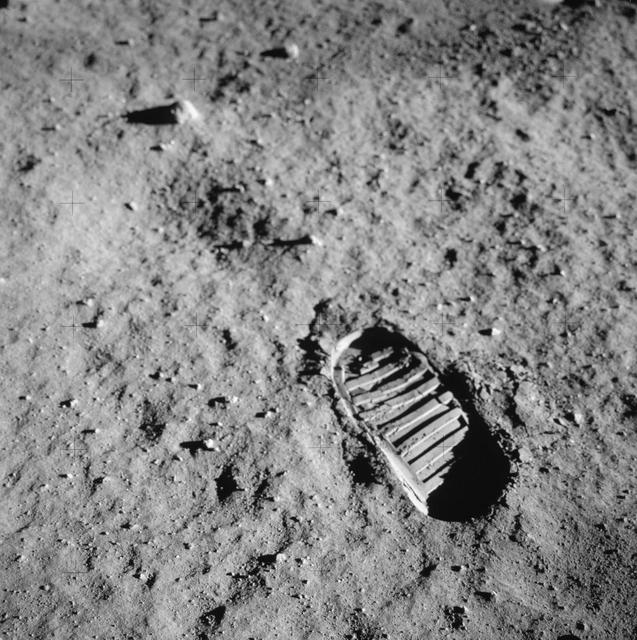 Close-up view of astronauts footprint in lunar soil